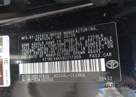 2009 Toyota Camry из США, поврежденный, VIN 4T1BE46KX9U317909